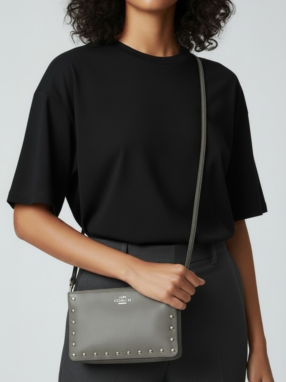 Coach Lyla Crossbody/Clutch Bag in Taupe/Beige Pebbled Leather with Rivets